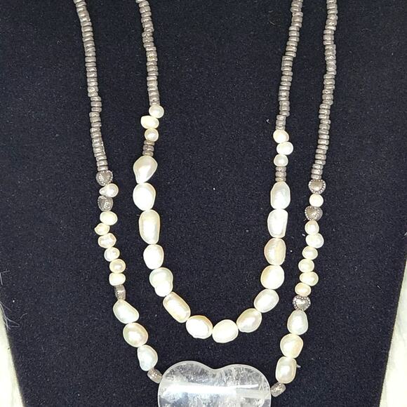 Vintage Pearl & Pyrite Bead Necklace | Heart Pendant Statement Jewelry - Picture 7 of 8